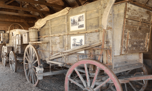 Close up of Timmons Freight wagons Dances with Wolves movie props at 1880 Town